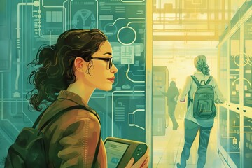 Illustrate women's contributions to the tech industry, emphasizing their crucial role in shaping the future. Female science student at the university