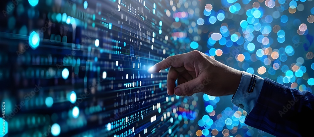 Poster Hand touching on AI machine learning on virtual screen. Data Science, cyber security technology concept Background,