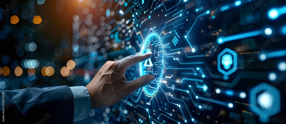 Poster cyber security and internet security online, a businessman touching fingerprint identification to access personal financial data on a digital network,