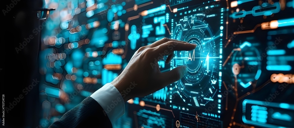Poster Businessman touching on AI machine learning on virtual screen with big data. Artificial Intelligence,
