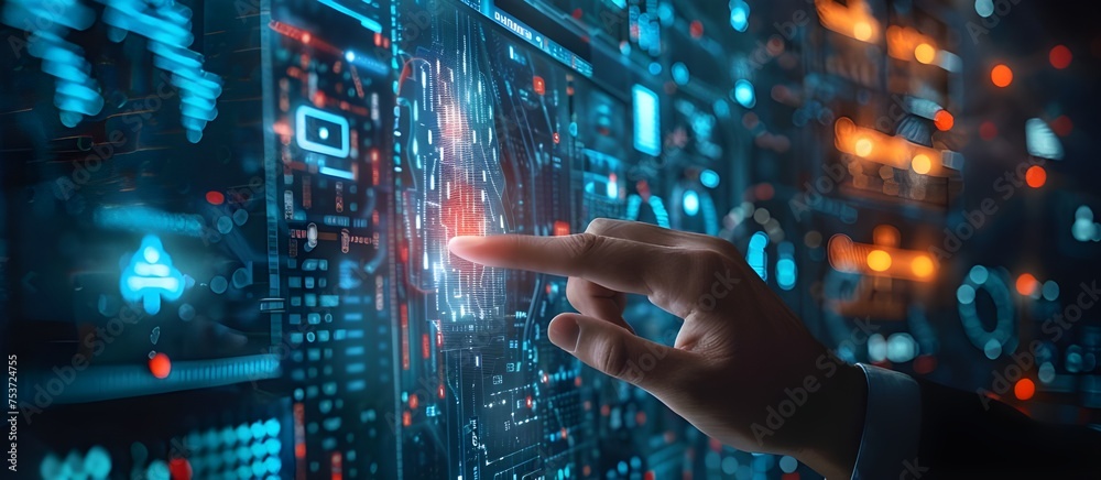 Poster Ai machine learning. businessman touching virtual screen with big data and computer code, Global network and connectivity background.
