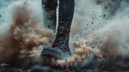 A woman's black boot crushing the earth dust and stones splashing around - obrazy, fototapety, plakaty