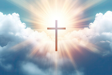 Cross in the Sky. Christian Symbol Shining Brightly Against Soft Clouds and Blue Sky. Religious...