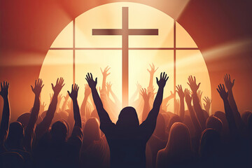 Silhouettes of People at the Cross in the Sky. Christians in Church, Raised Hands in Prayer and Worship. Symbolizing Salvation, Gospel, Faith, Christian Easter, and Good Friday - obrazy, fototapety, plakaty