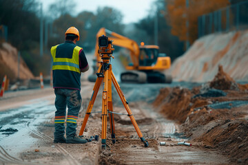 Photorealistic image of a surveyor at a construction site - obrazy, fototapety, plakaty
