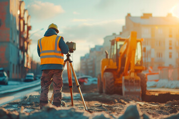 Photorealistic image of a surveyor at a construction site - obrazy, fototapety, plakaty