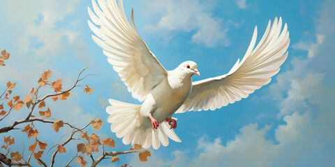 White dove in the air with wings wide open against the sky. A symbol of peace