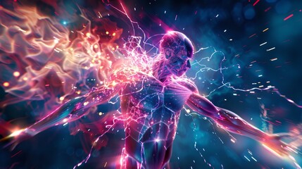 A 3D illustration showcases the human body emitting energy beams, capturing a dynamic representation of vitality and power. This imagery symbolizes the intricate connection between the body and energy