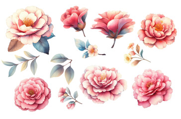 Spring pink set bouquet, selection of flowers; pink white flowers, camellia, roses. Buds, leaves. Watercolor illustration isolated on transparent background - 753725954