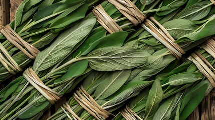 bundles of sage leaves and stems in a geometric pattern - obrazy, fototapety, plakaty