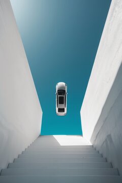 White car on the stairs leading to the blue sky, 3d render