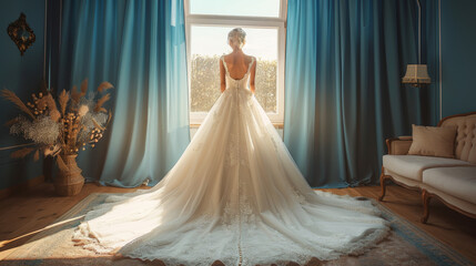 The perfect wedding dress with a full skirt on a hanger in the room of the bride with blue curtains.