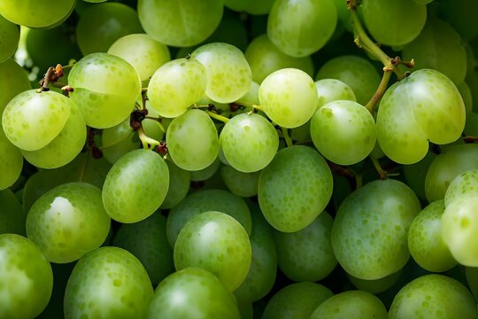 A detailed close-up of a cluster of green grapes, capturing their translucent skins and fresh appeal.