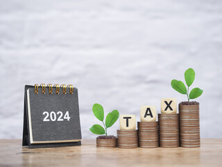 2024 desk calendar, Wooden block with word TAX and plants growing up on stack of coins. The concept...