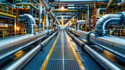 Industrial Scene with Pipes and Steel, Blue Hued Factory Background, Energy and Power Concept - obrazy, fototapety, plakaty