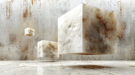 a group of white cubes sitting on top of a floor next to a wall with rusted paint on it.