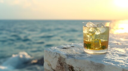 Khaki Drink on a white Stone Platform. Beautiful Seascape Background