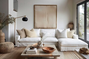 Sleek Living Room: Comfortable Sofa, Clean Lines, and Soft Neutrals with Dancing Light