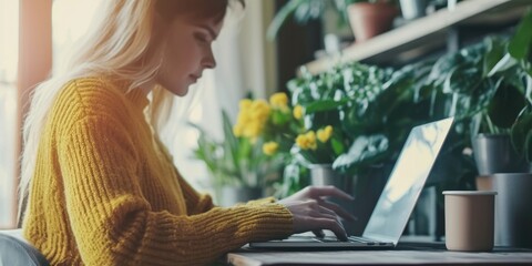 A young woman in a fashionable sweater works at a laptop against the background of indoor plants - obrazy, fototapety, plakaty
