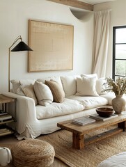 Tranquil Living Room: Cozy Sofa, Minimal Furnishings, and Soft, Neutral Colors with Light Reflections