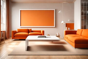 A modern orange living room with a sleek coffee table and a blank white empty frame.