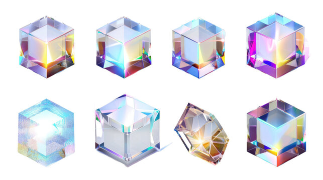 Set of 3d crystal glass cubes with refraction and holographic effect isolated on transparent or white background.png