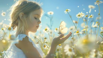 A serene young girl in a field of daisies with a butterfly, soft light creates a dreamy mood. nature-inspired portrait, ideal for lifestyle themes. AI