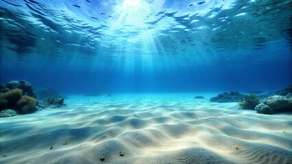 Seabed sand with blue tropical ocean above, empty underwater world , ONLY SAND - obrazy, fototapety, plakaty