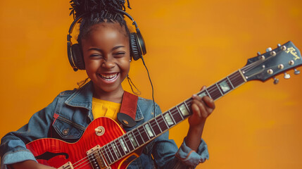 African American girl playing guitar in headphones laughs at the camera on a studio on a yellow background with copy space .