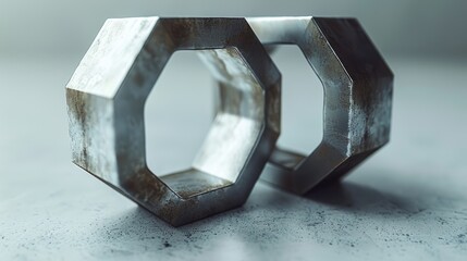 a couple of silver rings sitting on top of a white counter top next to a black and white picture of a hexagonal object.