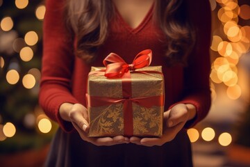 Woman holding wrapped Christmas gift