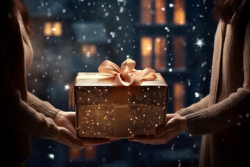 A person presents a beautifully wrapped Christmas present