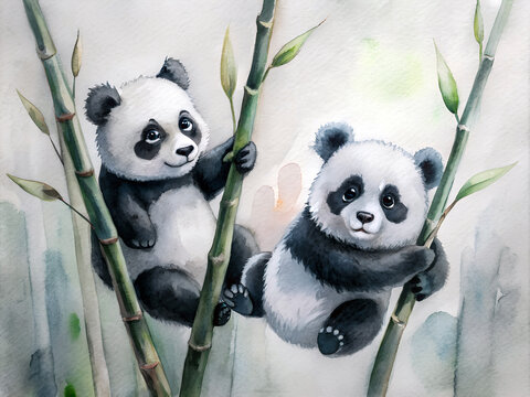Two pandas hanging on bamboo shoots watercolor illustration. Generative ai