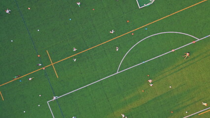 Drone grass soccer field with diverse people sunny evening. Modern town stadium