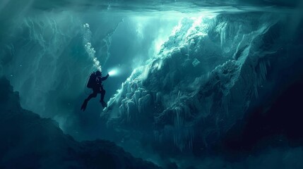 In an evocative illustration, a scuba diver shines a torch to illuminate the dark side of an iceberg underwater, conveying a surreal exploration of the mind's depths - obrazy, fototapety, plakaty