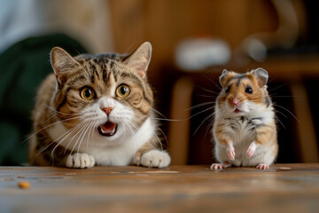 Cat and Hamster Standoff on Table