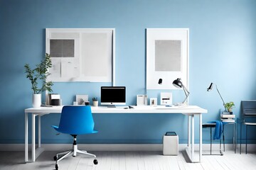 Minimalist workspace with a sleek desk and vibrant blue accents, the blank white frame on the wall awaiting personalization.