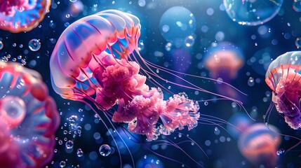 Vivid jellyfish swimming in a deep blue ocean. captivating underwater life. aesthetic marine photography for decor. ethereal aquatic scene. AI