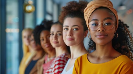 Fototapeta premium A group of diverse, confident, women working together, smiling, in an office, business environment