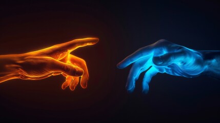 Two hands, one glowing in orange and the other in blue, symbolize assistance and support - obrazy, fototapety, plakaty