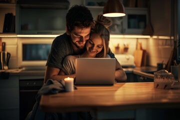 Romantic couple hugging and booking a vacation together on their laptop