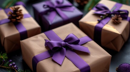 three presents wrapped in brown paper with purple ribbon and pine cones on top of them, sitting on a table.