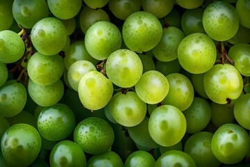 A detailed close-up of a cluster of green grapes, capturing their translucent skins and fresh appeal.