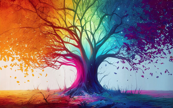 A captivating mystical color pencil shading drawing illustration, of a beautiful rainbow colored mystical tree with many many leaves spreading all over the canvas, beautiful serene deep white color ba