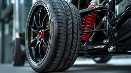 Close up of a tire on a car with a red shock absorber