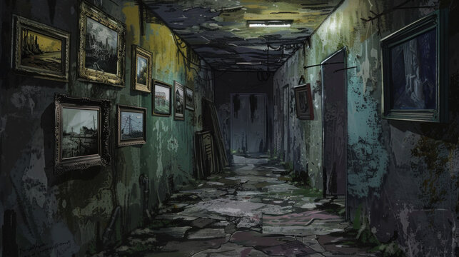 illustration concept of scary old building corridor with dimly lit lighting, dirty walls and photo hanged on the wall, enhancing anxiety and horror feels