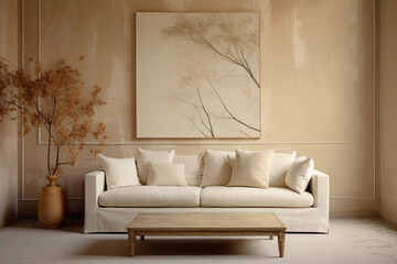 Light beige interior of modern living room with white sofa