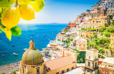 view of Positano - famous old italian resort with lemons at summer, Italy