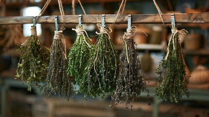 bundles of dried thyme, oregano, and basil hanging from a rustic wooden rack