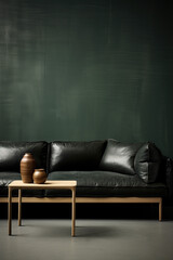 Black leather sofa and coffee table in the living room.
